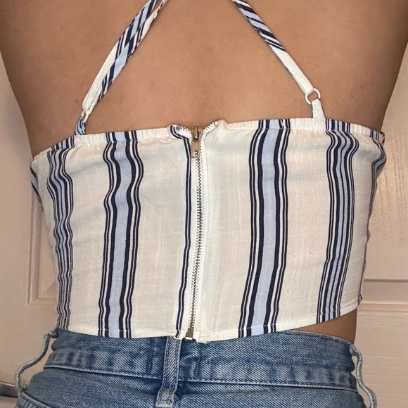 White and blue striped sailor tie front crop top with cross back - Picture 4 of 7